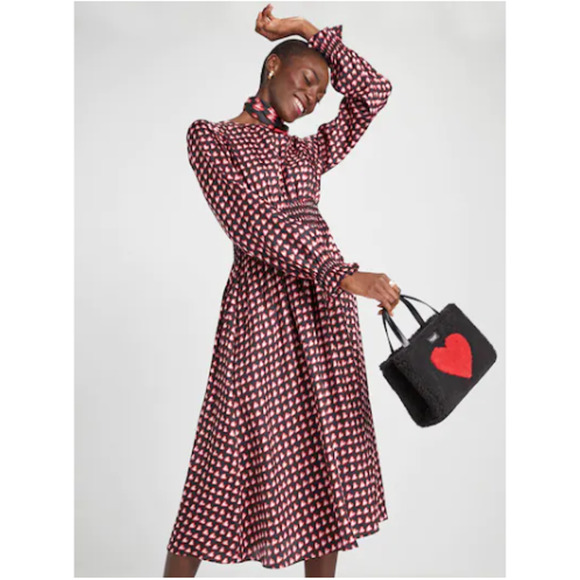 kate spade Dresses Kate Spade Fancy Hearts Waverly Dress Silk Midi Long Sleeve Smocked Black